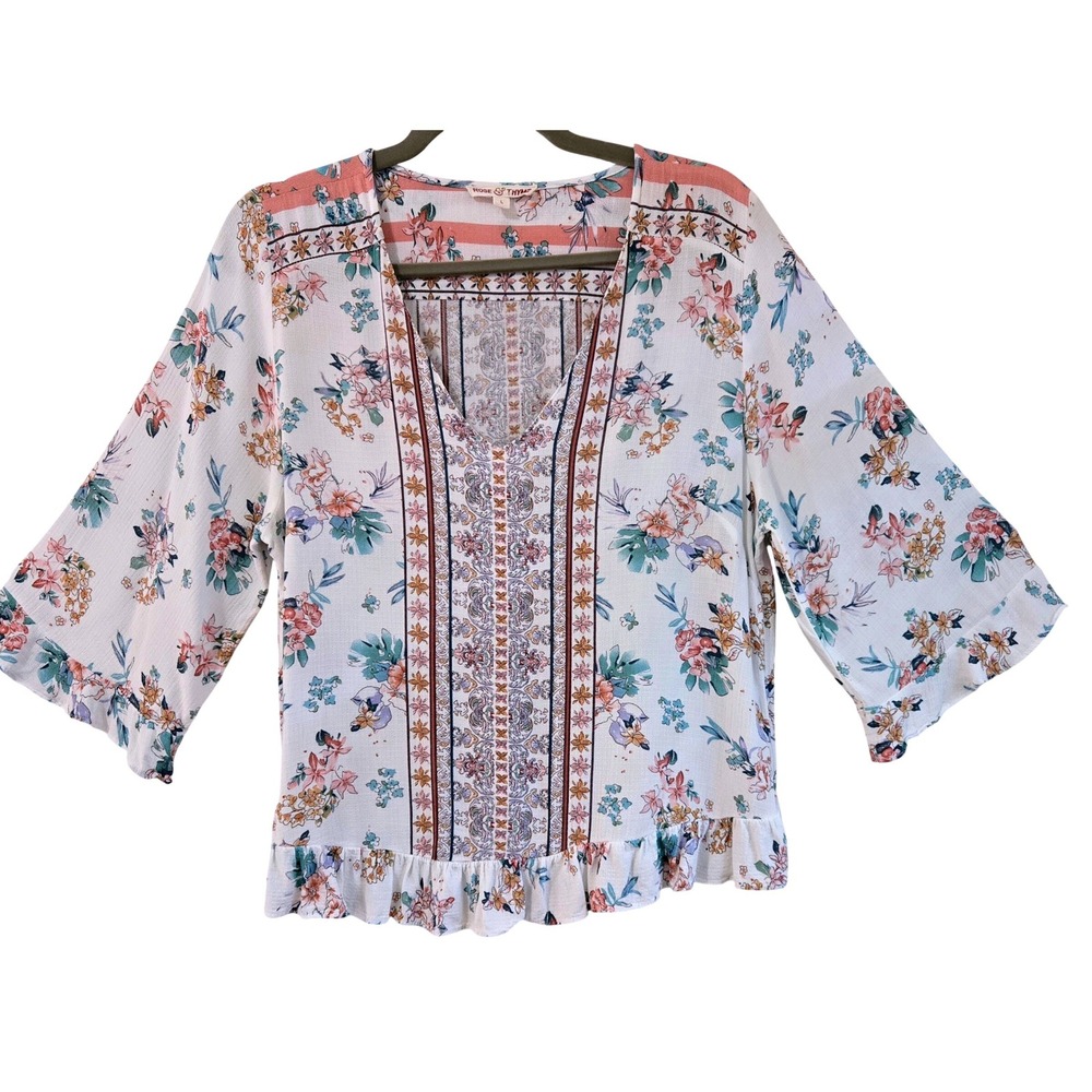 Rose &‎ Thyme Boho Floral V-Neck Peplum Blouse White Boho Bell Sleeve Top Large